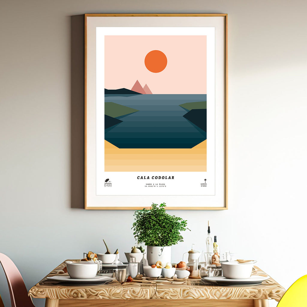 Framed minimal style graphic design print of Cala Codolar beach, Ibiza.