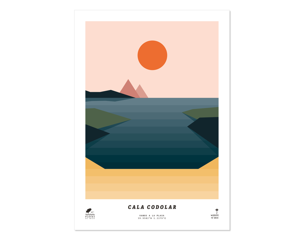 Minimal style graphic design print of Cala Codolar beach, Ibiza.