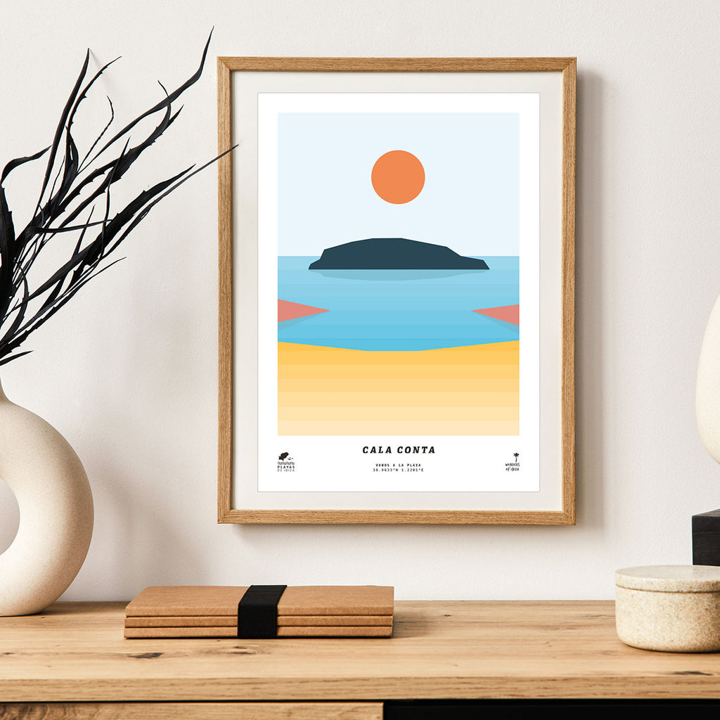 Framed minimal style graphic design print of Cala Conta beach, Ibiza.