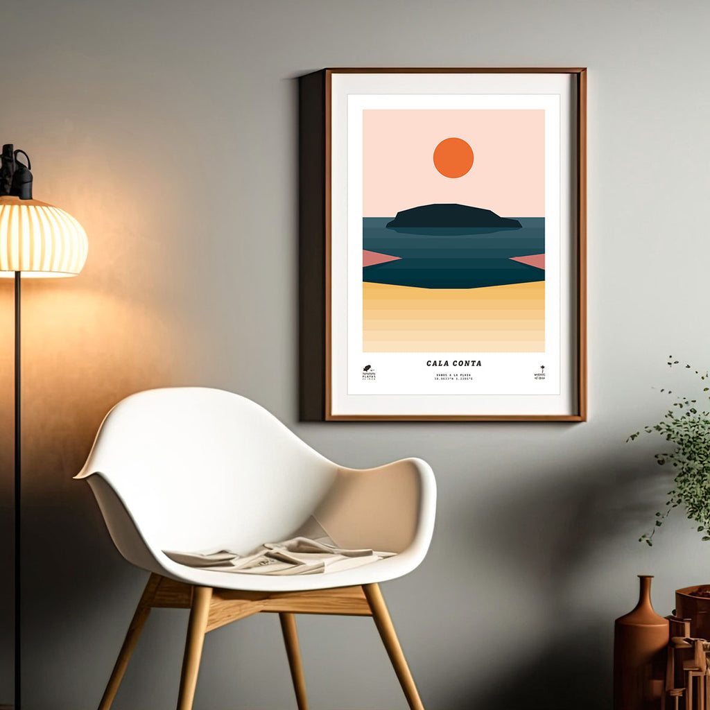 Framed minimal style graphic design print of Cala Conta beach, Ibiza.