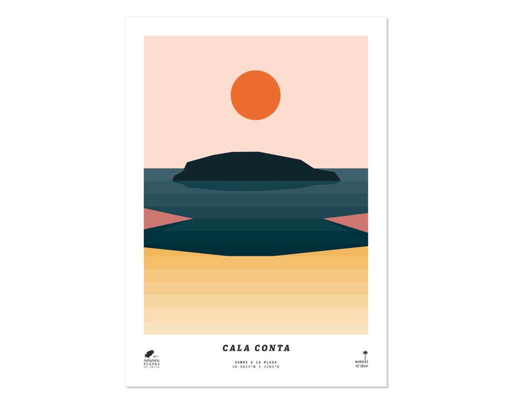 Minimal style graphic design print of Cala Conta beach, Ibiza  
