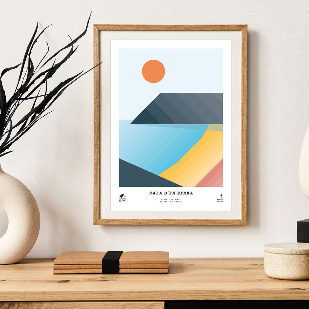 Framed minimal style graphic design print of Cala d'en Serra beach, Ibiza.