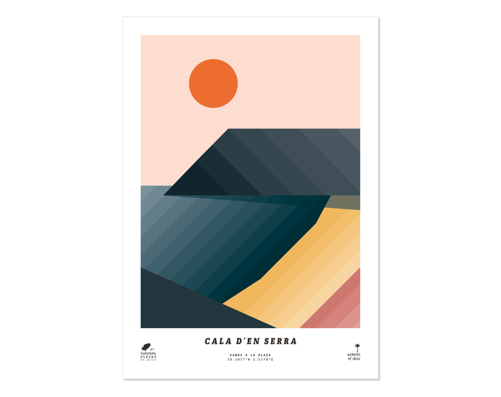 Minimal style graphic design print of Cala d'en Serra beach, Ibiza.
