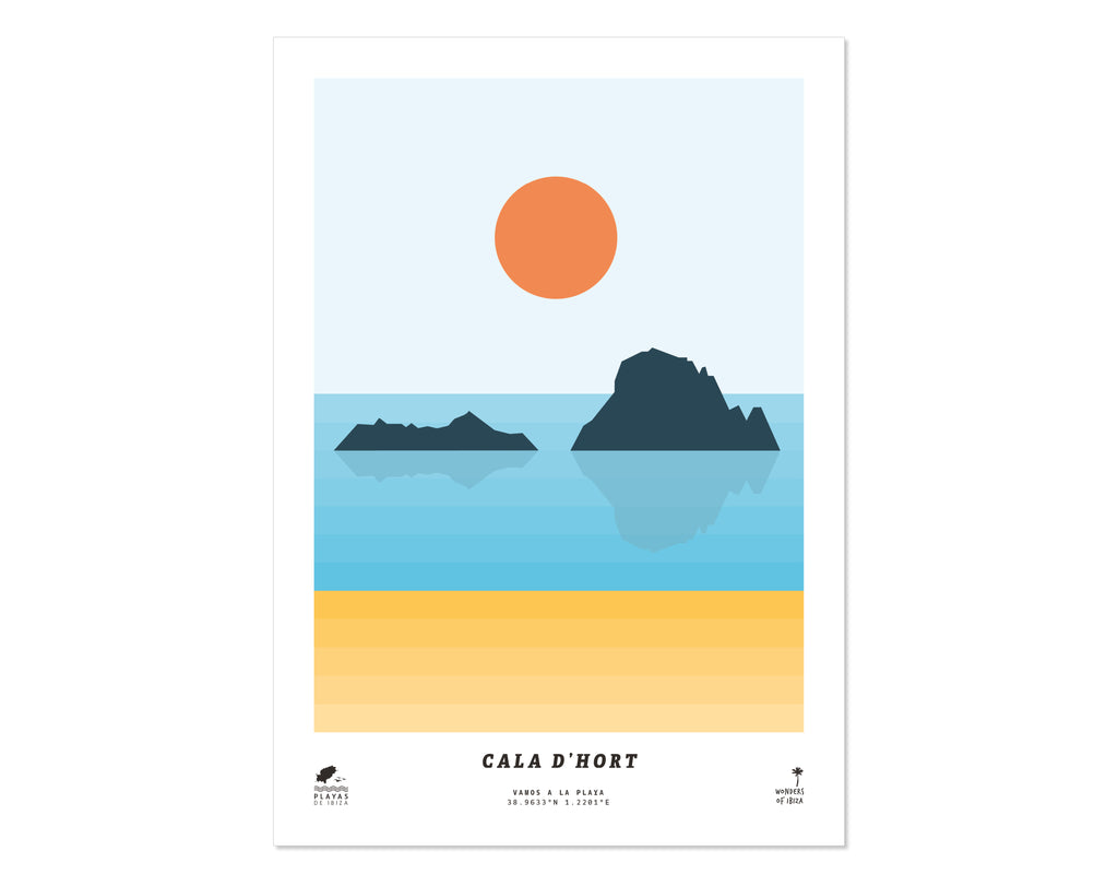 Minimal style graphic design print of Cala d'Hort beach, Ibiza.