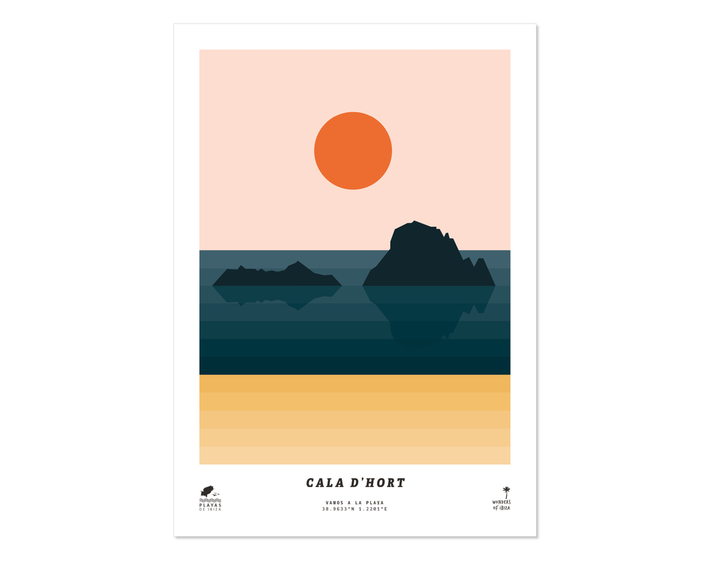 Minimal style graphic design print of Cala d'Hort beach, Ibiza.