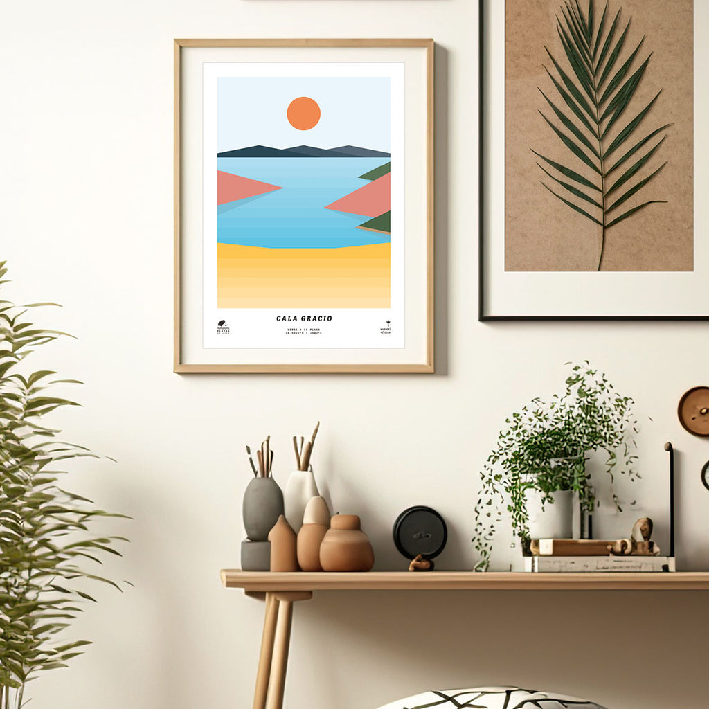 Framed minimal style graphic design print of Cala Gracio beach, Ibiza. 