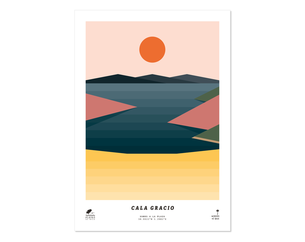 Minimal style graphic design print of Cala Gracio beach, Ibiza.