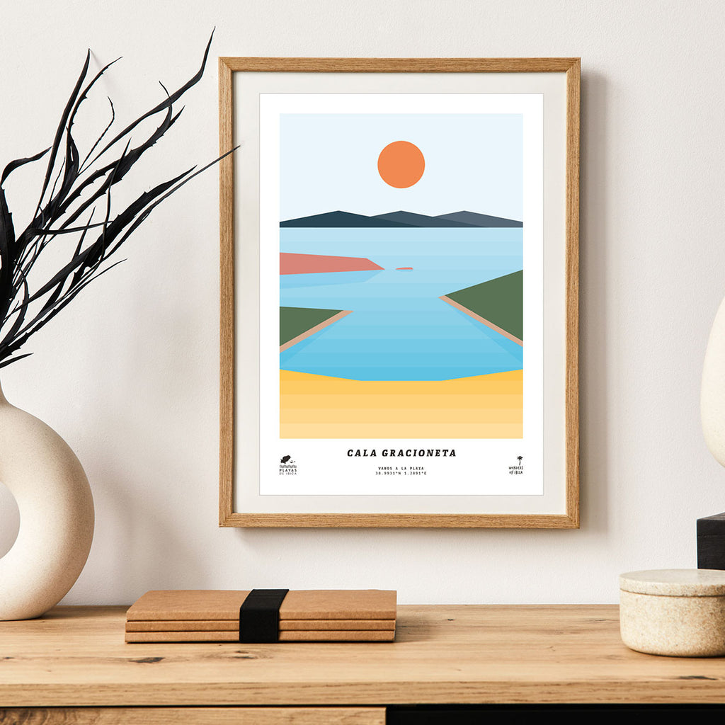 Framed minimal style graphic design print of Cala Gracioneta beach, Ibiza.