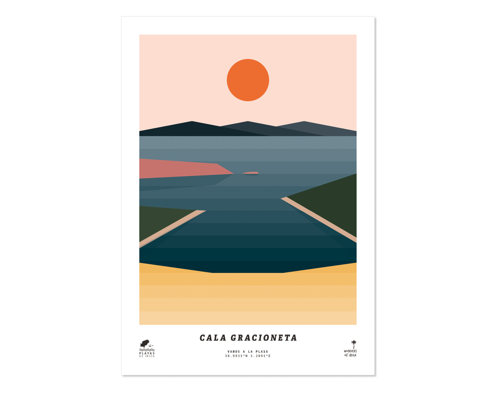 Minimal style graphic design print of Cala Gracioneta beach, Ibiza