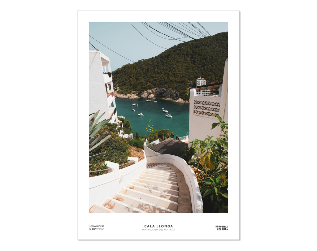 Photographic print featuring Cala Llonga, Ibiza looking down steps to the beach.