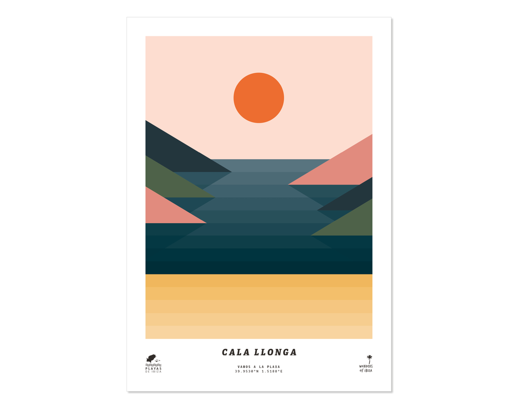 Minimal style graphic design print of Cala Llonga beach, Ibiza.