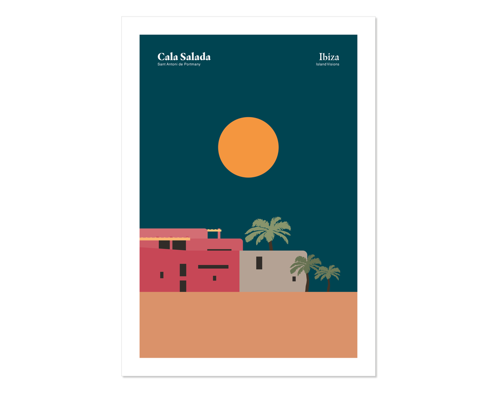 Minimal style graphic design Ibiza art print of the iconic villa at Cala Salada beach, Ibiza.