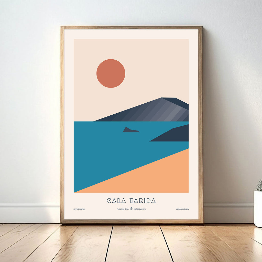 Framed Minimal style graphic design Ibiza art print of Cala Tarida beach, Ibiza. 