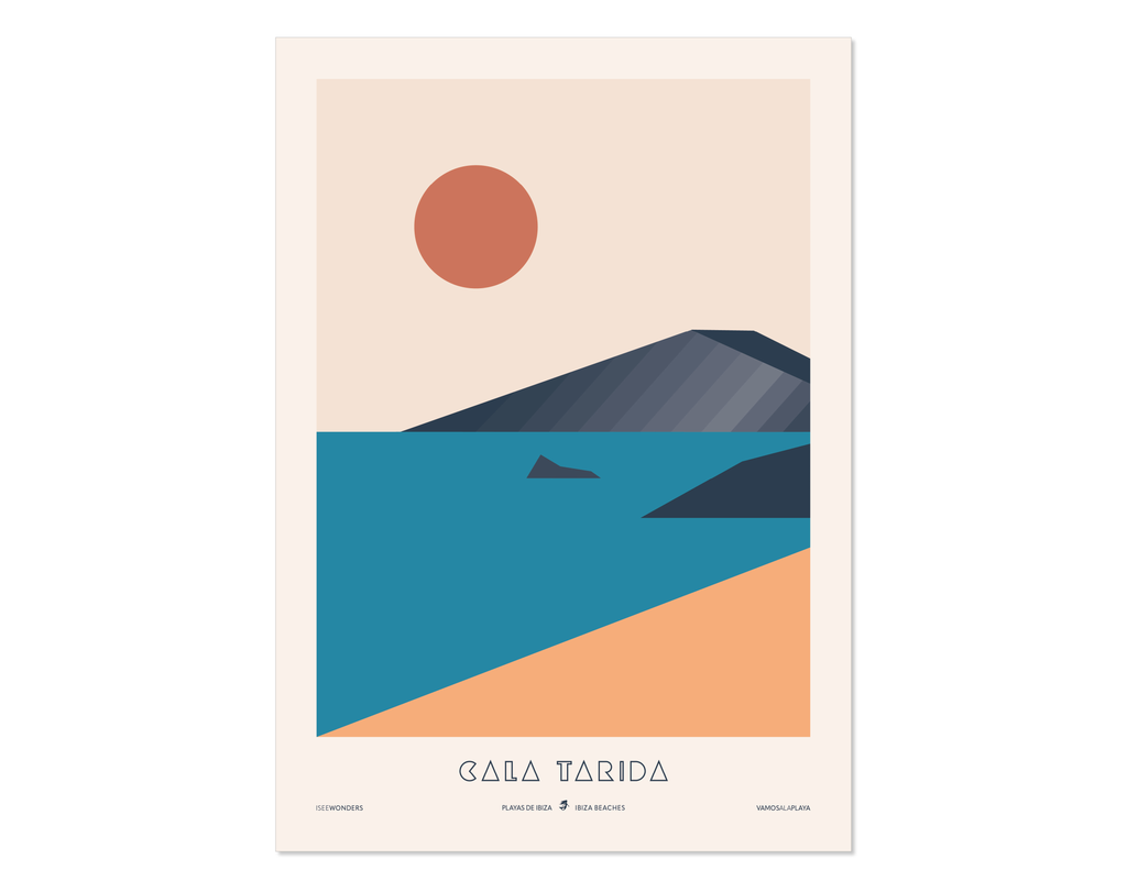 Minimal style graphic design Ibiza art print of Cala Tarida beach, Ibiza. 