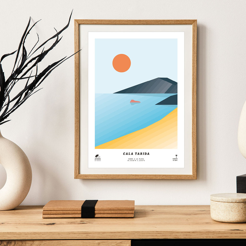 Framed minimal style graphic design print of Cala Tarida beach, Ibiza.