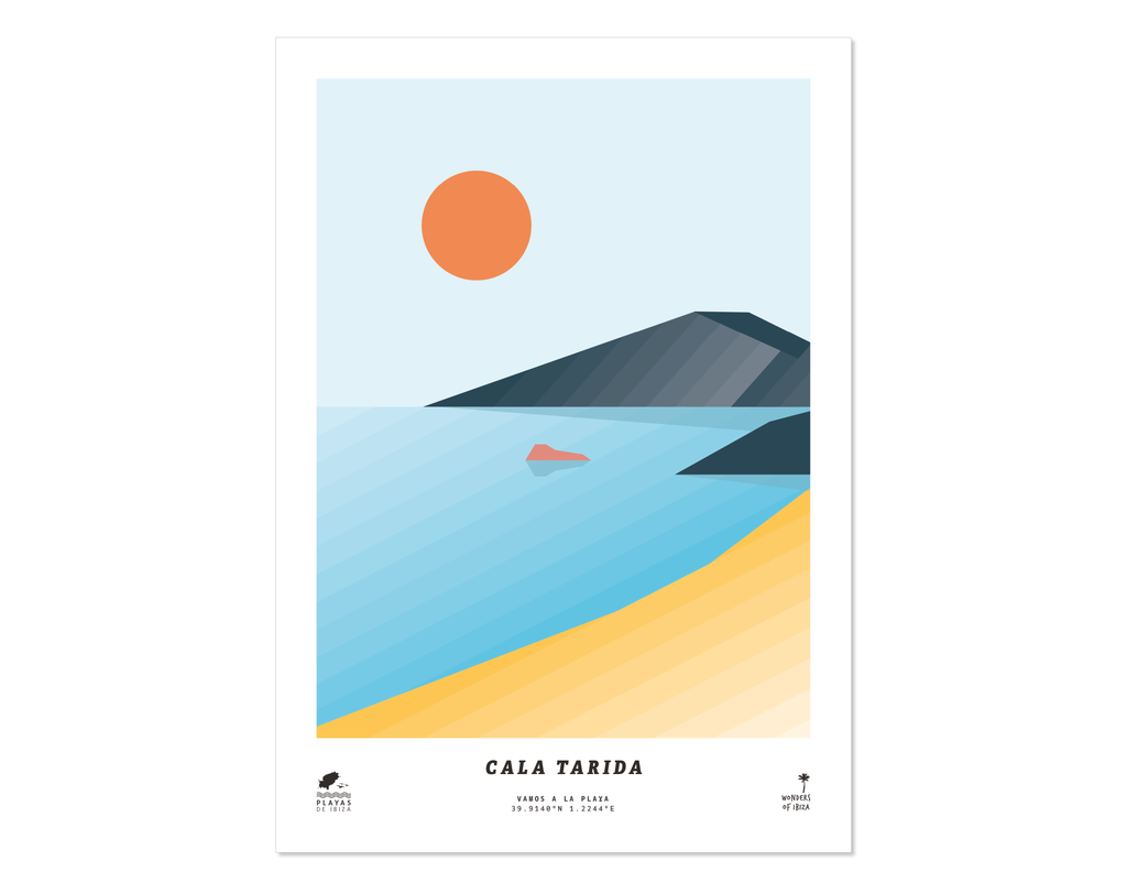 Minimal style graphic design print of Cala Tarida beach, Ibiza.