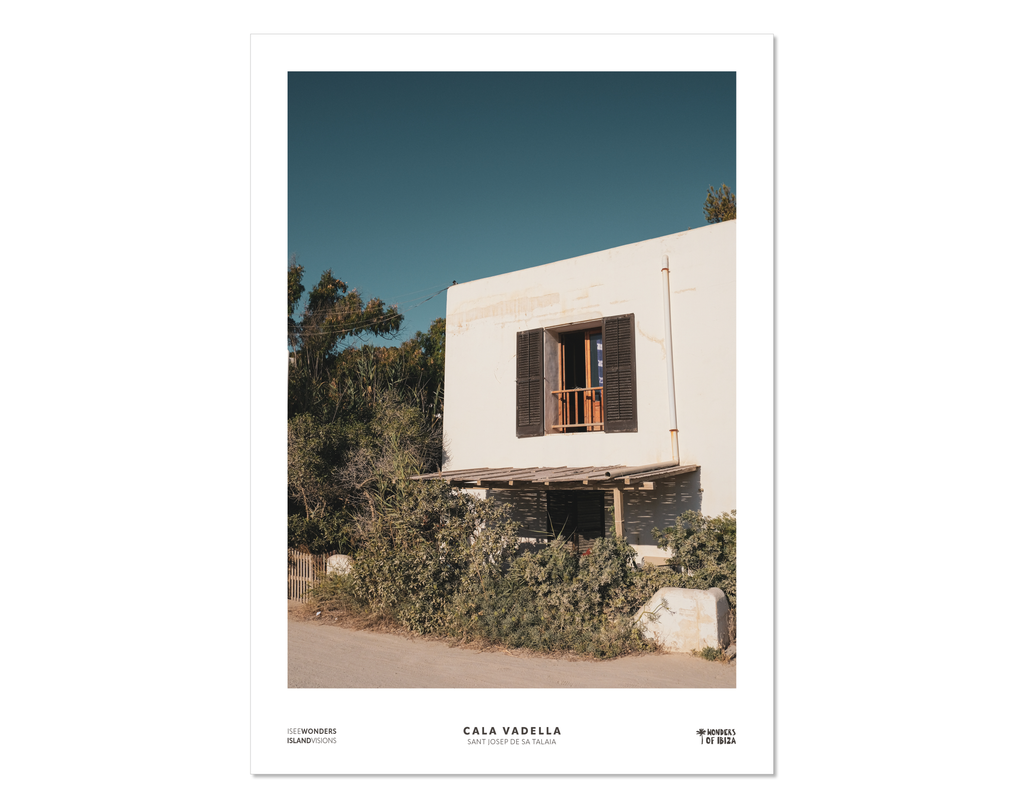 Photographic print featuring an iconic house on the shores of Cala Vadella. Ibiza. 