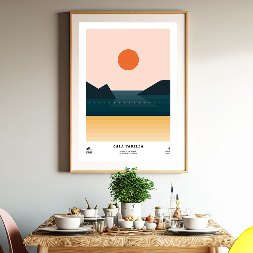 Framed minimal style graphic design print of Cala Vadella beach, Ibiza.