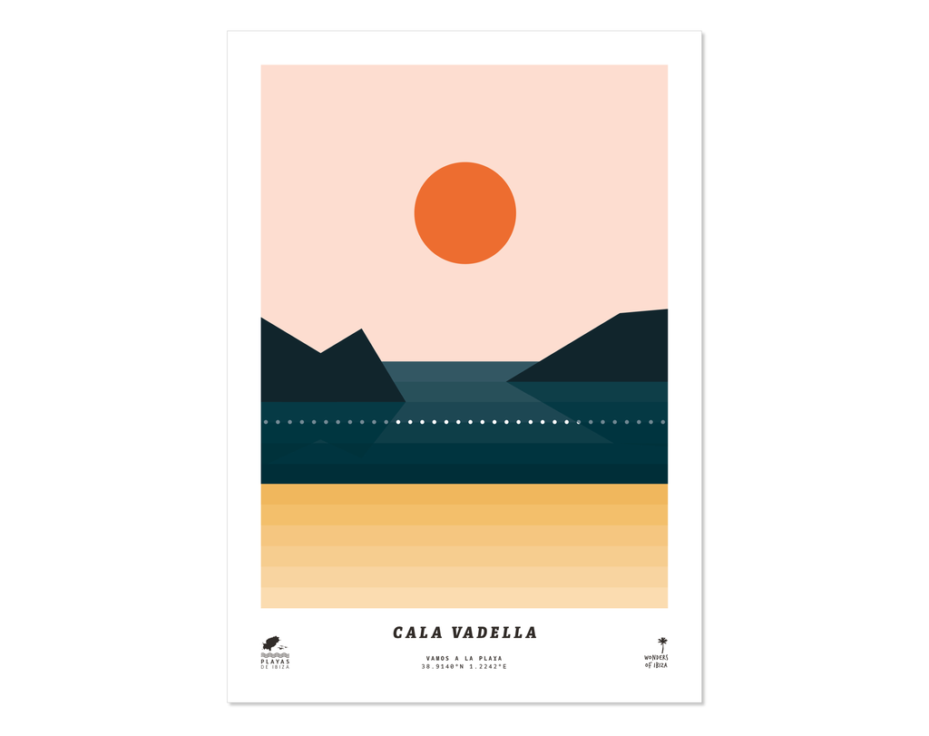 Minimal style graphic design print of Cala Vadella beach, Ibiza.
