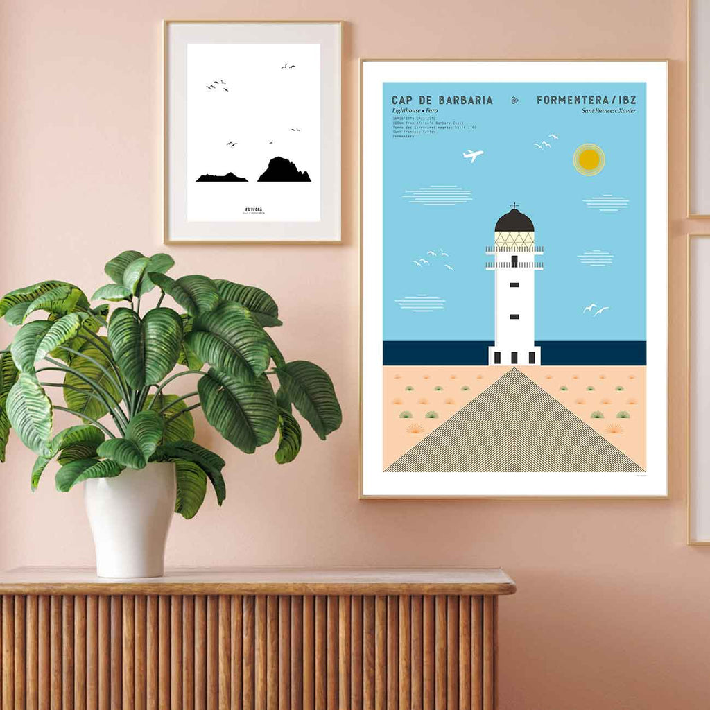 Framed graphic design giclée art print of Cap de Barbaria lighthouse in Formentera, Ibiza,