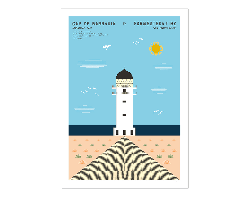 Graphic design giclée art print of Cap de Barbaria lighthouse in Formentera, Ibiza,