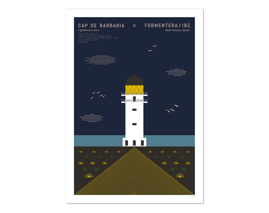 Graphic design giclée art print of Cap de Barbaria lighthouse in Formentera, Ibiza at twilight..