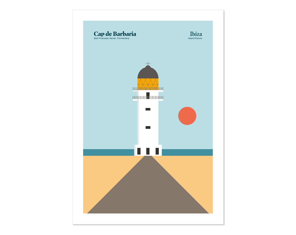 Minimal style graphic design Ibiza art print of Cap de Barbaria lighthouse Formentera, Ibiza. 