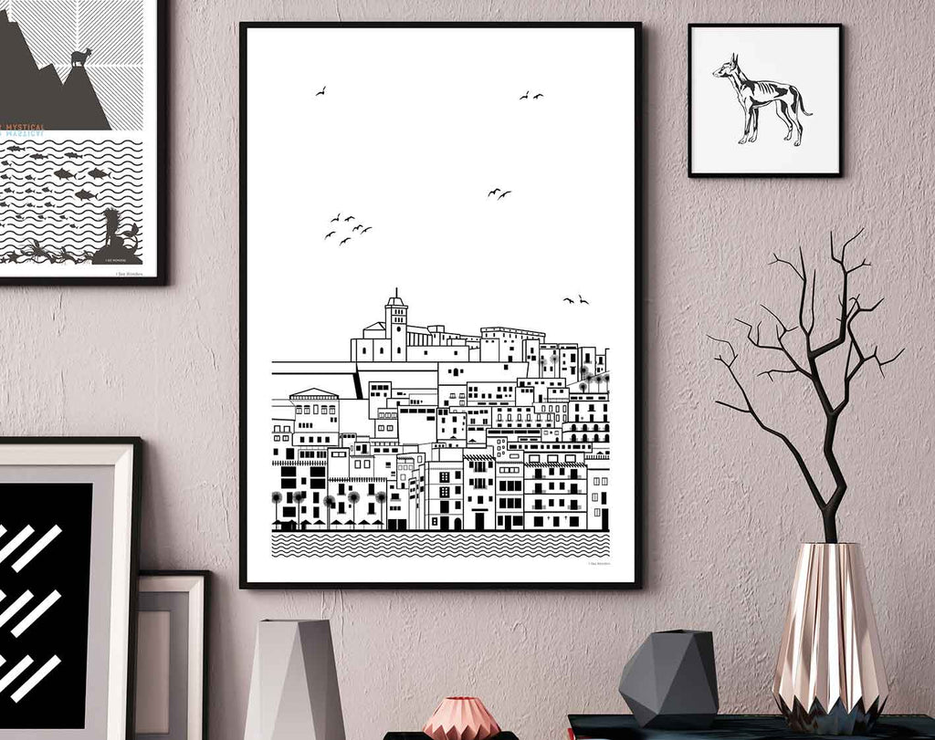 Framed graphic design giclée art print of Dalt Vila, Ibiza in living space