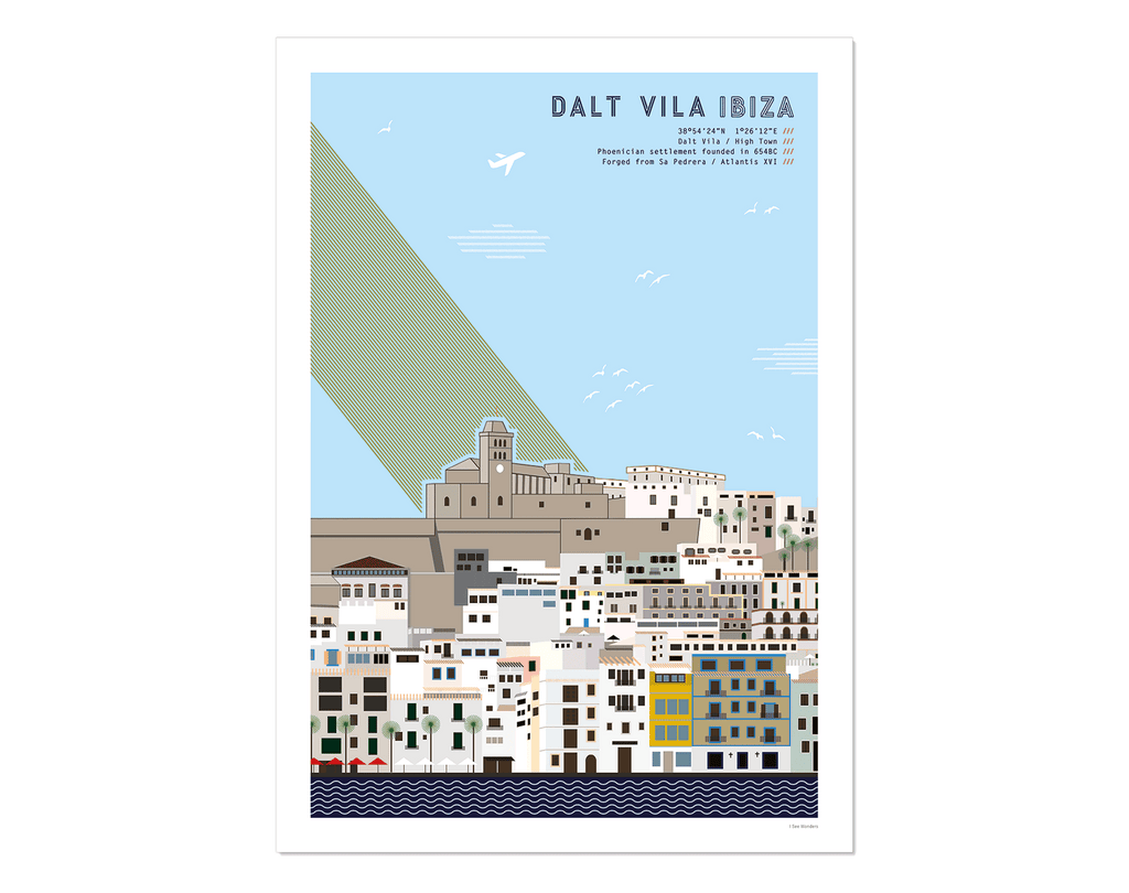 Graphic design giclée art print of Dalt Vila, Ibiza.