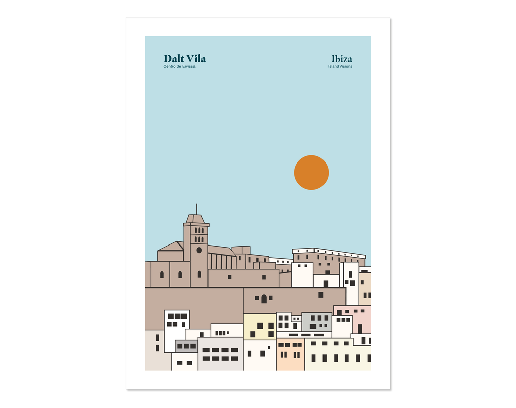 Minimal style graphic design Ibiza art print of Dalt Vila Ibiza by day. 
