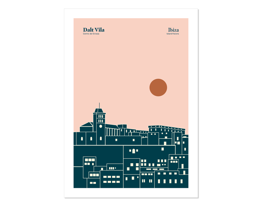 Minimal style graphic design Ibiza art print of Dalt Vila, Ibiza with a pink sky and sun setting behind the cathedral.
