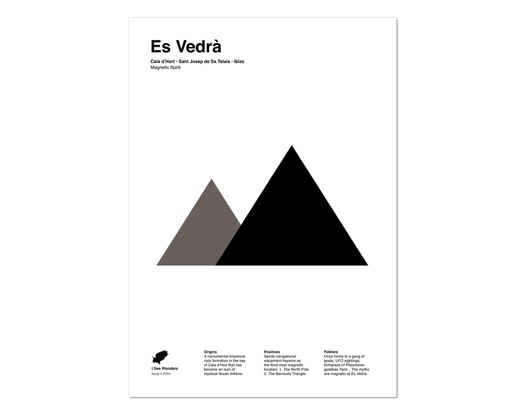 Minimal style graphic design black and white  print of Es Vedra, Ibiza.