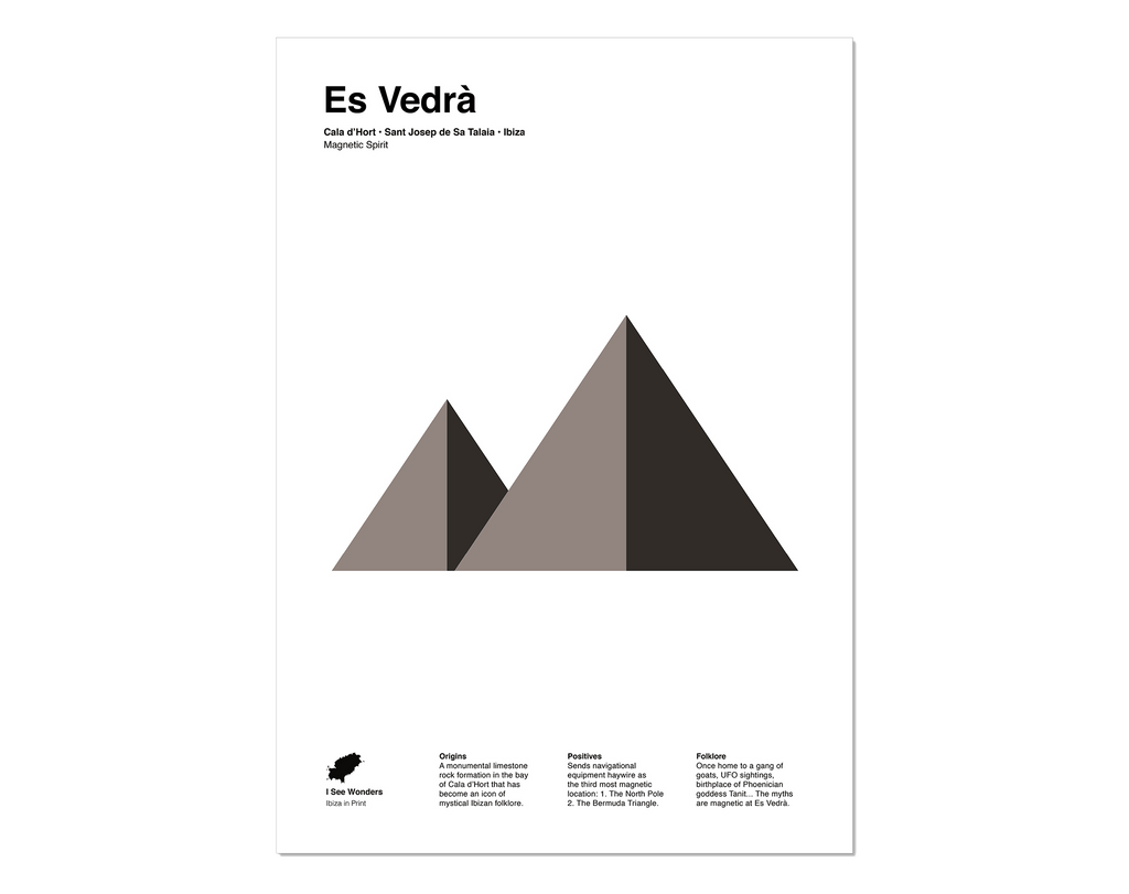 Minimal style graphic design black and white print of Es Vedra, Ibiza.