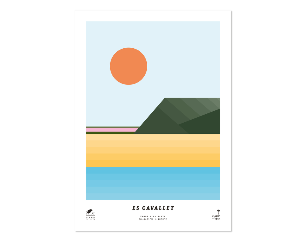 Minimal style graphic design print of Es Cavallet beach, Ibiza.  