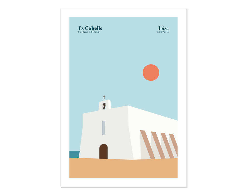 Minimalist graphic design Ibiza art print of the historic church in the village of Es Cubells, Ibiza.  