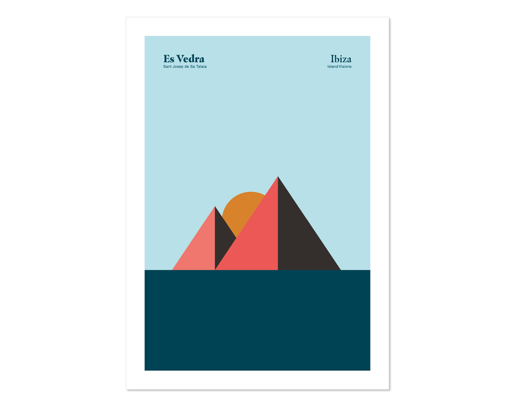 Minimal style graphic design Ibiza art print of Es Vedra rocks represented as pyramids beneath a blue sky, Ibiza