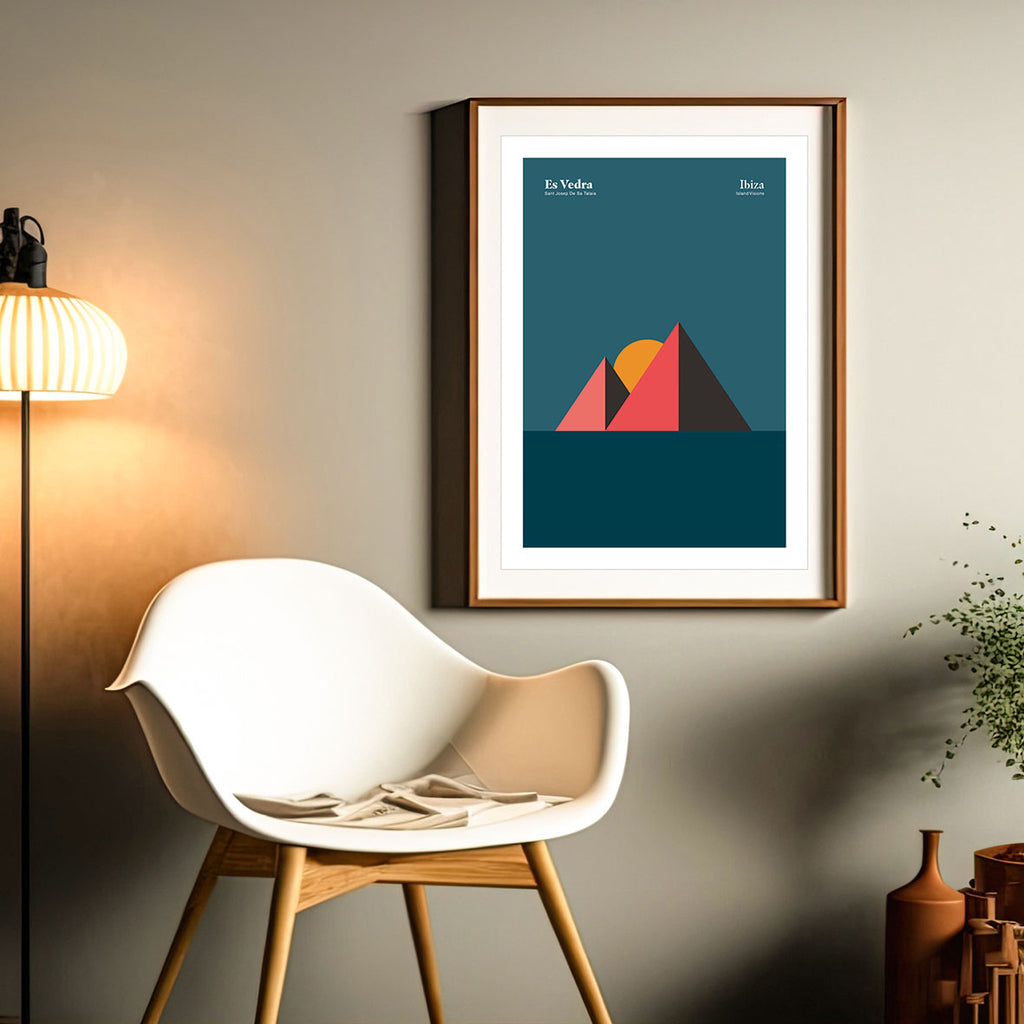 Framed Minimal style graphic design art print of Es Vedra rocks represented as pyramids beneath a dark evening sky, Ibiza