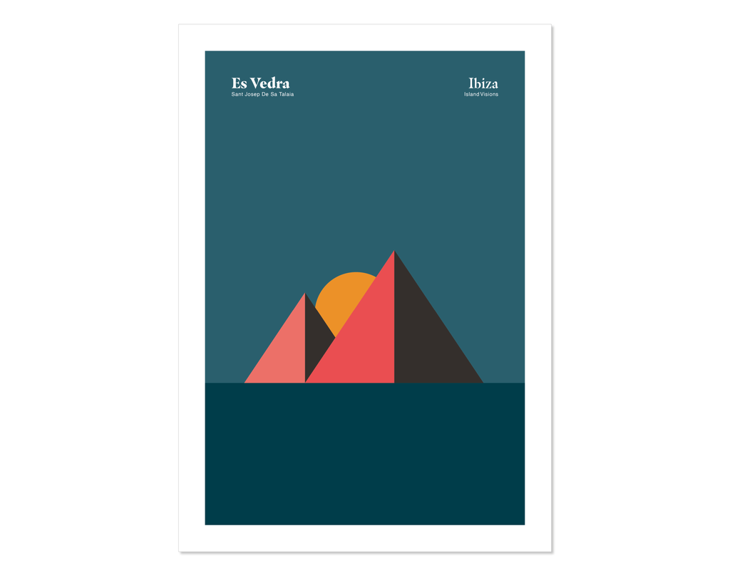 Minimal style graphic design Ibiza art print of Es Vedra rocks represented as pyramids beneath a dark evening sky, Ibiza
