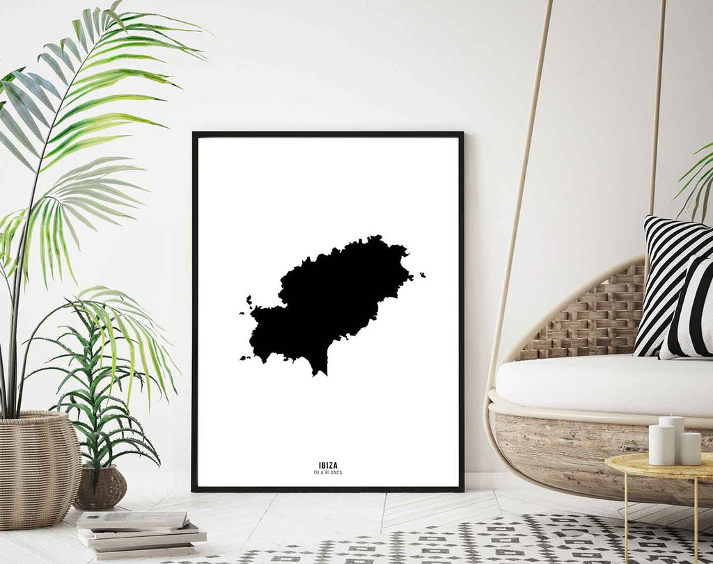 Framed black and white overhead image of the island of Ibiza.