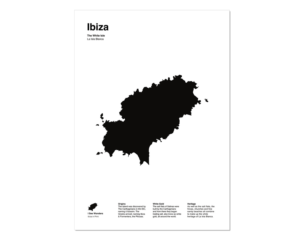 Black and White minimal style art print of the island of Ibiza.