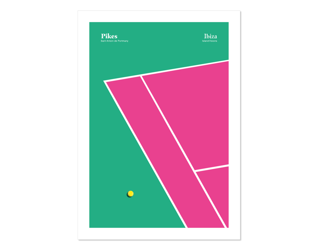 Minimal style graphic design Ibiza art print of the pink and green tennis court, Pikes Hotel, Ibiza.