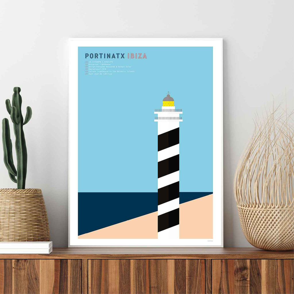 Framed graphic design giclee art print of Portinatx lighthouse, Ibiza.