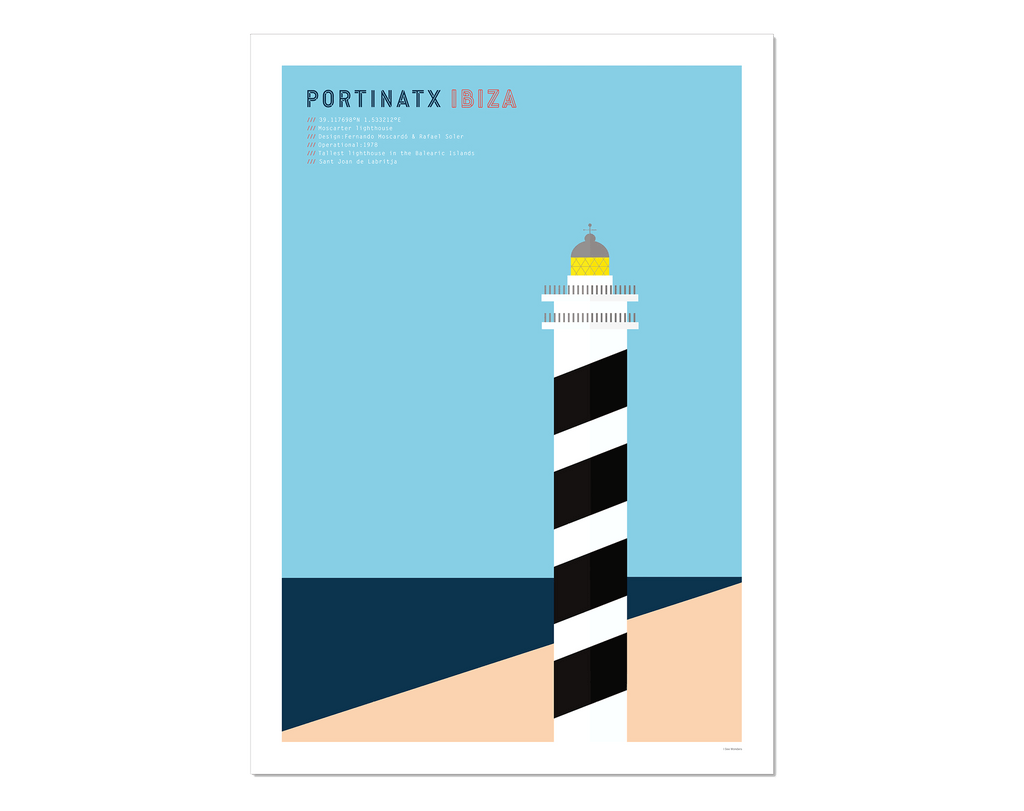 Graphic design giclee art print of Portinatx lighthouse, Ibiza.