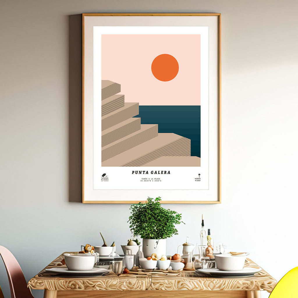 Framed minimal style graphic design print of Punta Galera or Cala Yoga beach, Ibiza.