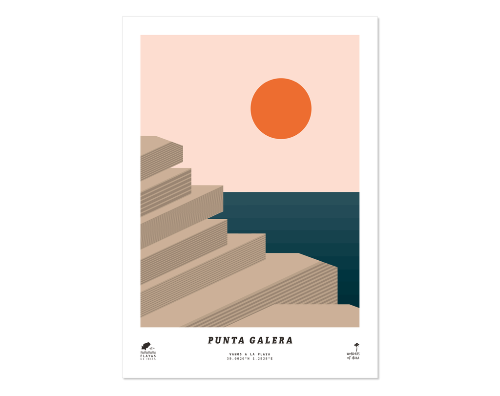 Minimal style graphic design print of Punta Galera or Cala Yoga beach, Ibiza.