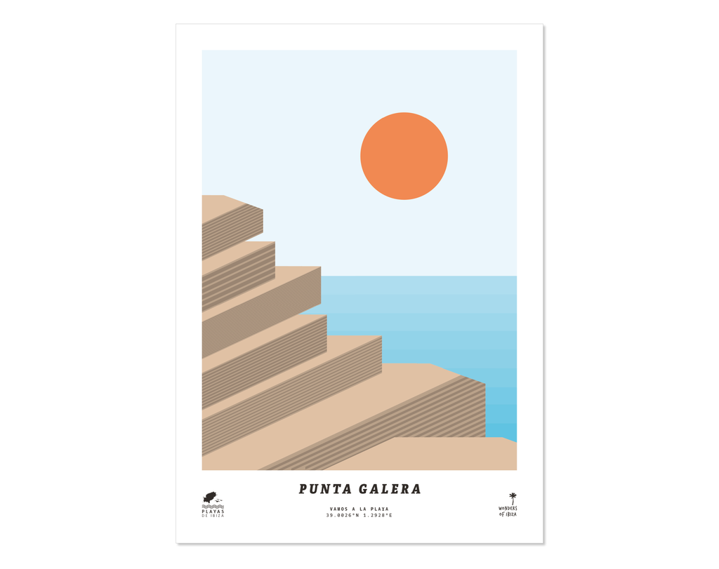 Minimal style graphic design print of Punta Galera or Cala Yoga beach, Ibiza.