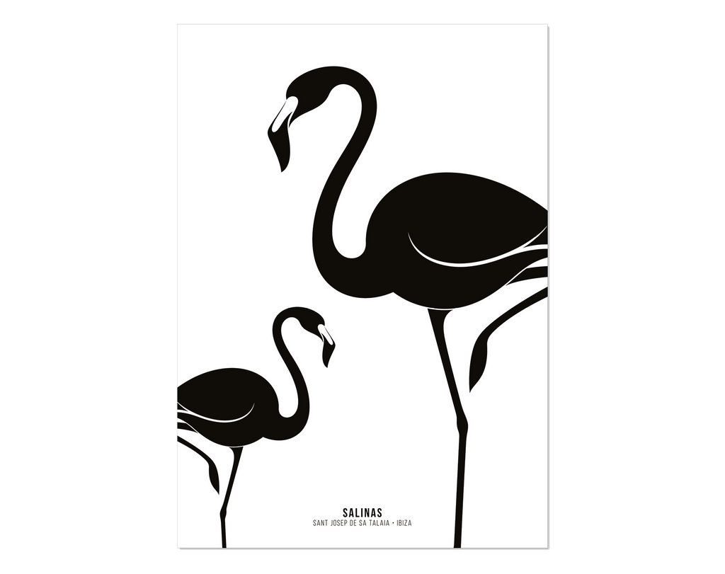 Black and white print of two flamingos representing Salinas, Ibiza