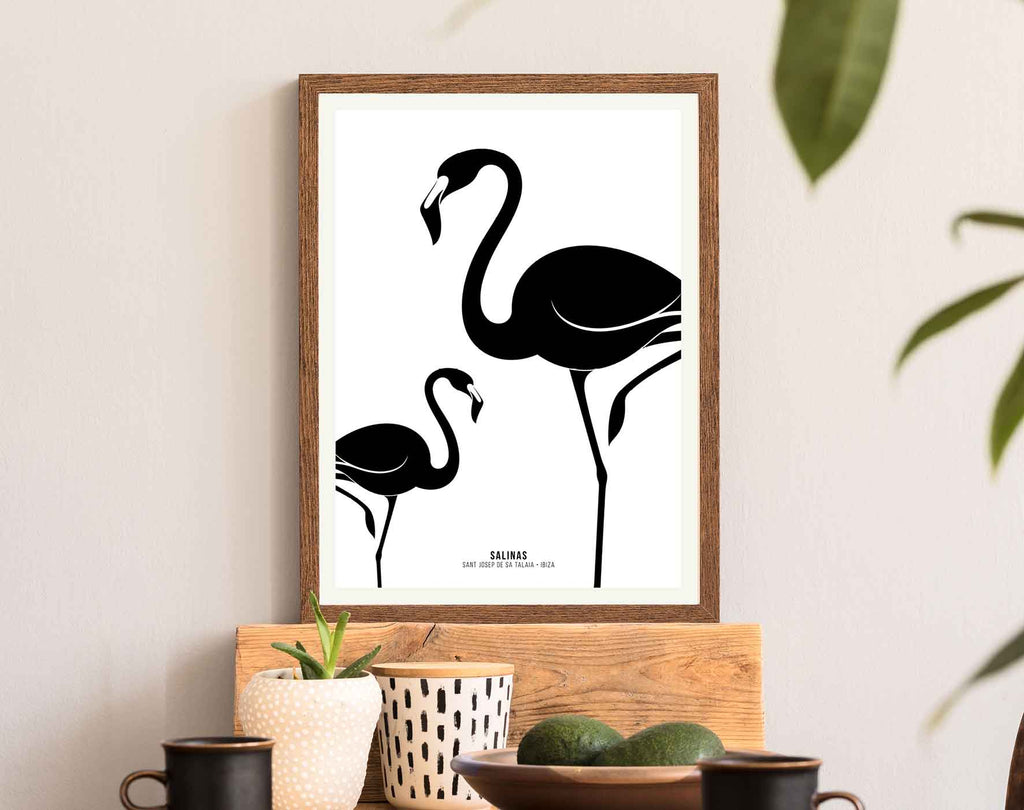 Framed black and white print of two flamingos representing Salinas, Ibiza