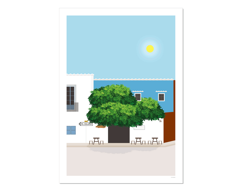 Graphic design giclée art print of San Carlos, Ibiza.