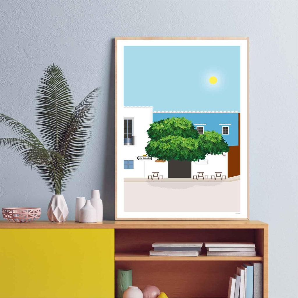 Framed graphic design giclée art print of San Carlos, Ibiza.